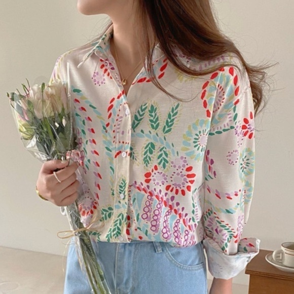 Zara Tops - Zara Button Down Shirt L NWT Summer Print Linen Blend Bohemian